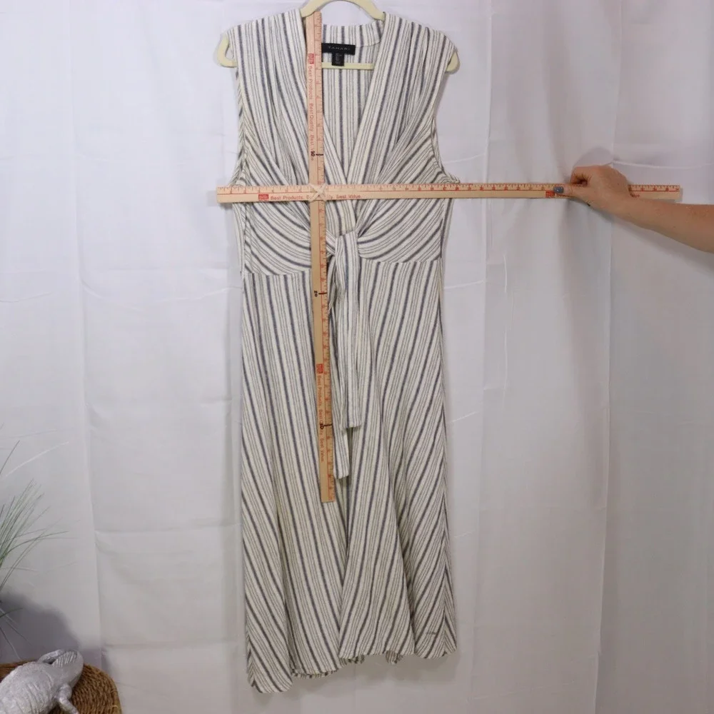 Tahari Striped Midi Dress Large Ivory‎ Blue Womens Linen Blend Sleeveless